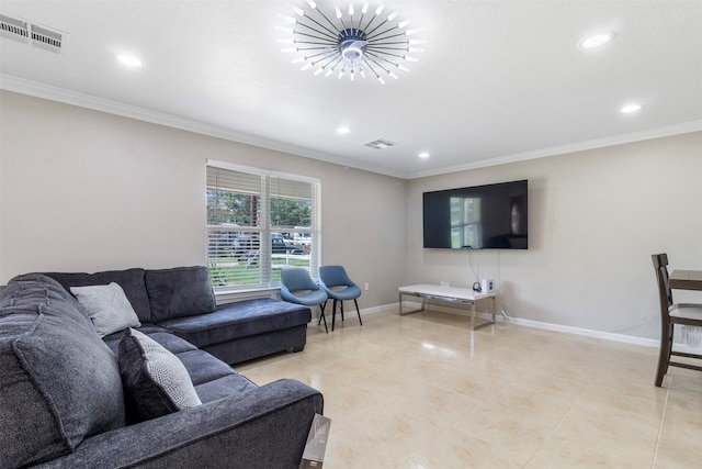 living room featuring crown molding, light tile patterned flooring, and a chandelier