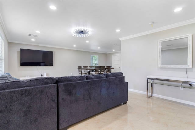 living room with crown molding and light tile patterned floors