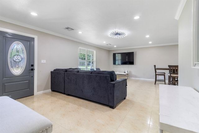 living room with ornamental molding and light tile patterned floors