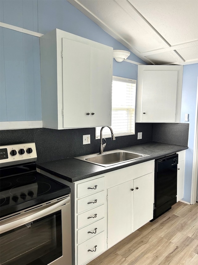 kitchen featuring a sink, dark countertops, electric stove, and black dishwasher