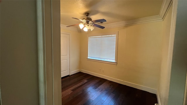 unfurnished room with crown molding, wood-type flooring, and ceiling fan