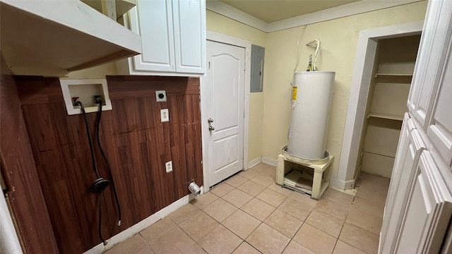 laundry area featuring hookup for a washing machine, gas water heater, electric dryer hookup, and light tile floors