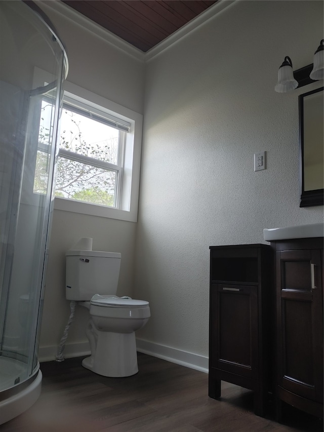 bathroom with hardwood / wood-style flooring, a shower with shower door, toilet, and vanity