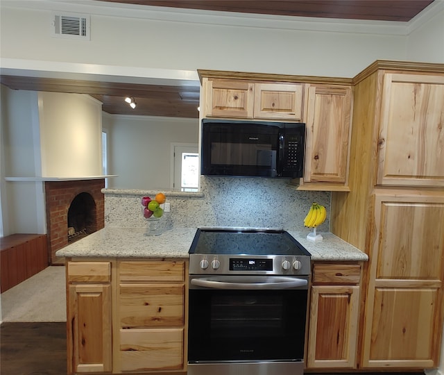 kitchen featuring light stone counters, tasteful backsplash, stainless steel range with electric stovetop, dark carpet, and ornamental molding