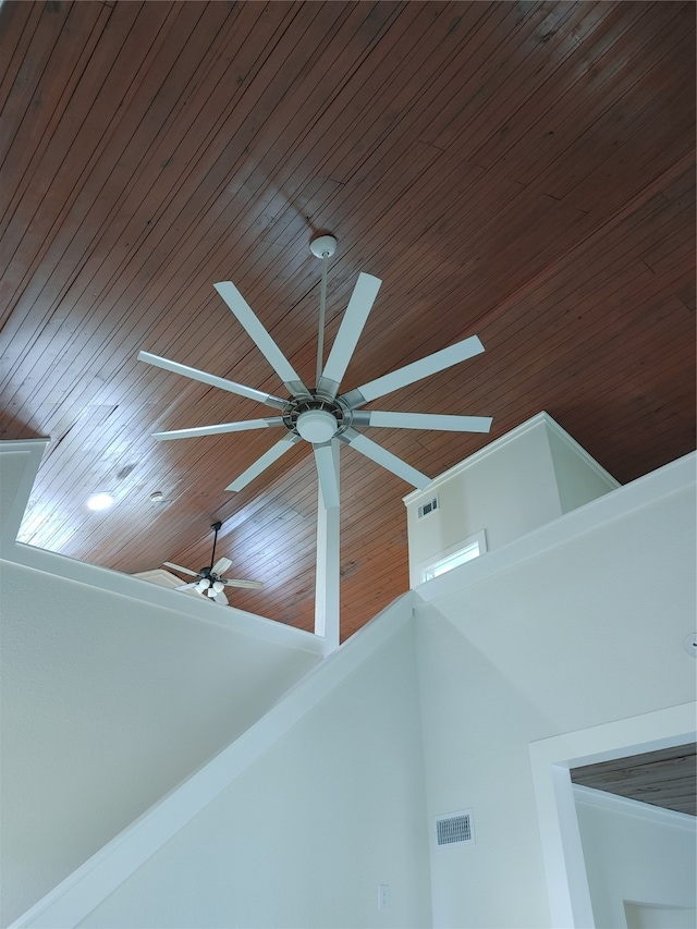 details with wood ceiling and ceiling fan