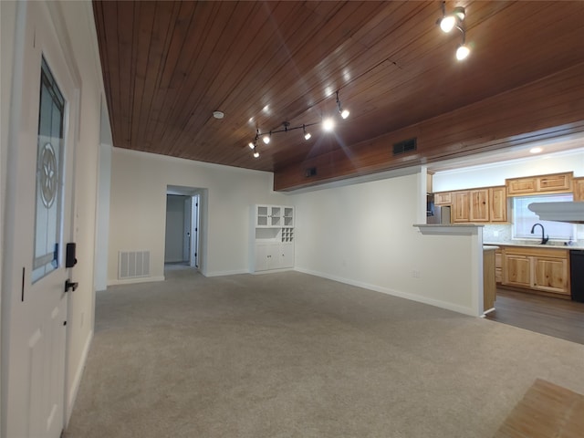 carpeted living room featuring wood ceiling, sink, and track lighting