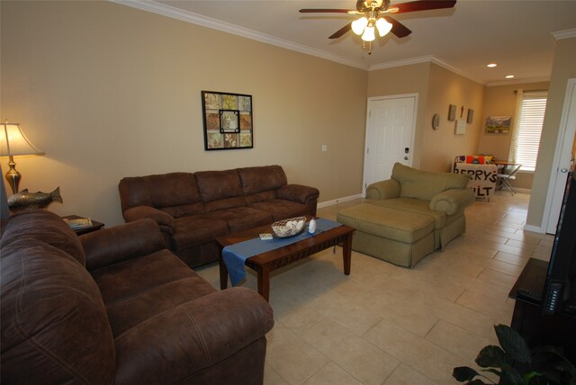 living room featuring ceiling fan, crown molding, and light tile floors