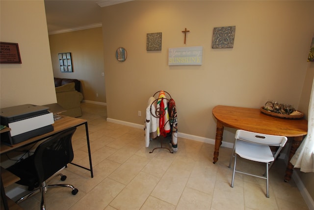 office featuring ornamental molding and light tile flooring