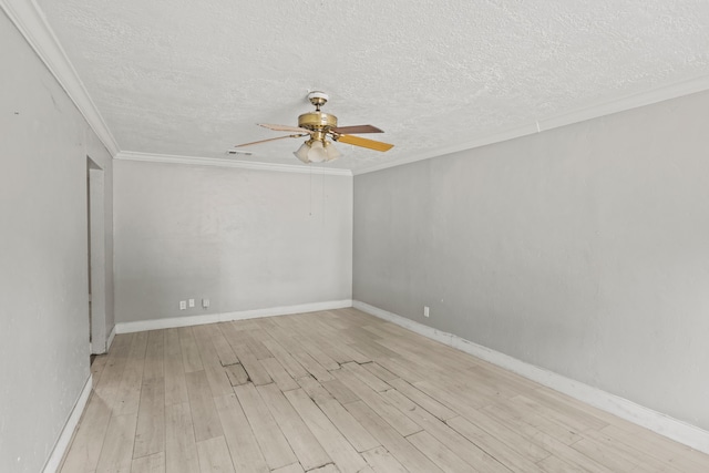 empty room with light hardwood / wood-style flooring, crown molding, ceiling fan, and a textured ceiling