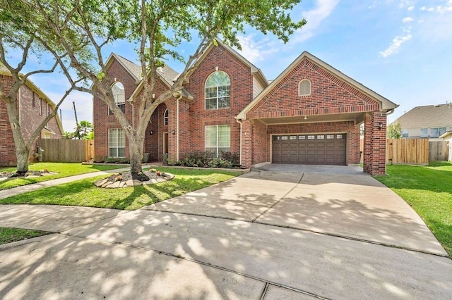 front facade with a garage and a front lawn