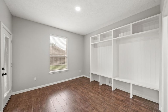 mudroom featuring a textured ceiling and dark hardwood / wood-style flooring