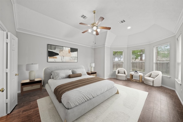 bedroom with lofted ceiling, ceiling fan, dark hardwood / wood-style flooring, and multiple windows