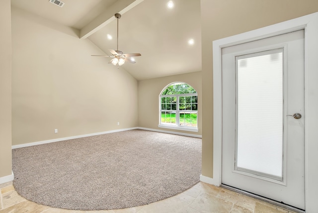 spare room with high vaulted ceiling, ceiling fan, and beam ceiling