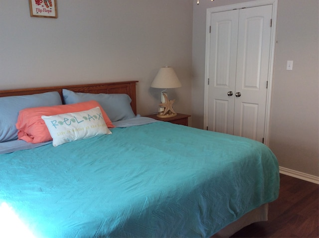 bedroom featuring dark wood-type flooring and a closet