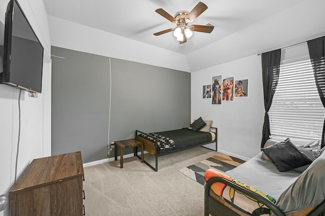 bedroom with light colored carpet and ceiling fan