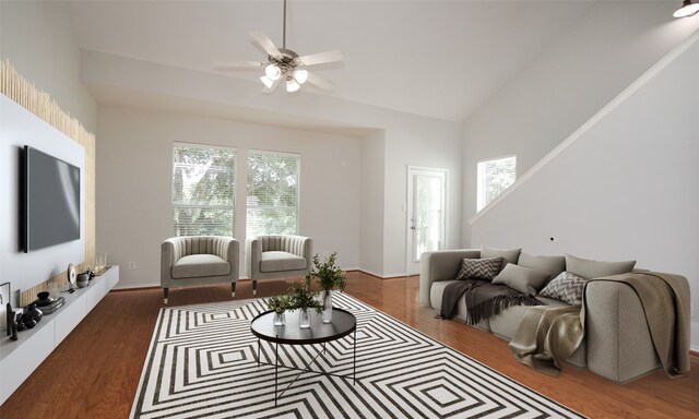 living room featuring a healthy amount of sunlight, high vaulted ceiling, ceiling fan, and hardwood / wood-style floors