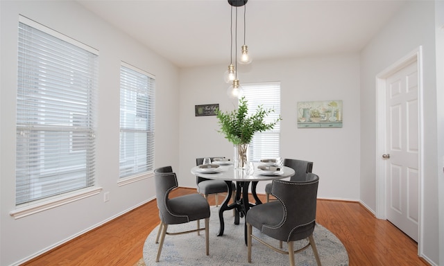 dining space with wood-type flooring