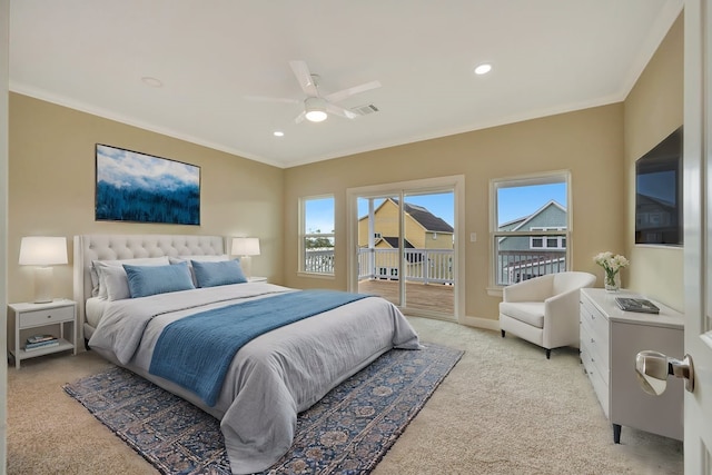 bedroom with ornamental molding, ceiling fan, light colored carpet, and access to exterior