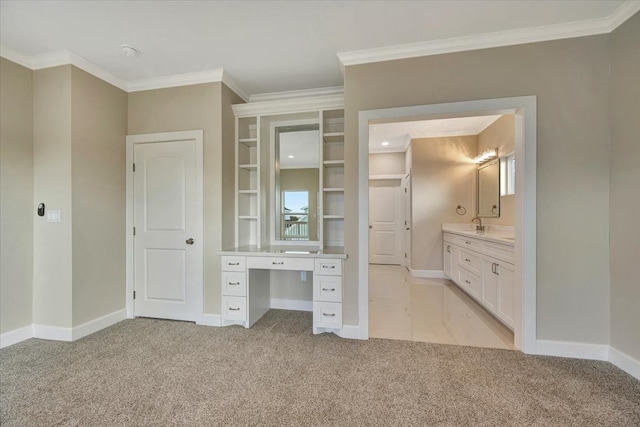 unfurnished bedroom with connected bathroom, ornamental molding, and light carpet