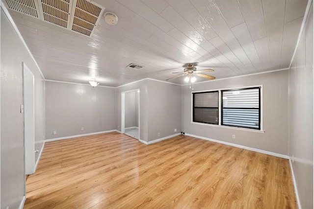 spare room featuring light hardwood / wood-style flooring, ceiling fan, ornamental molding, and wood ceiling