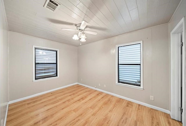 empty room with ceiling fan, wooden ceiling, and light wood-type flooring