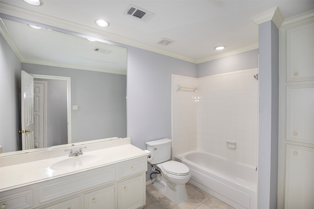 full bathroom with tile flooring, toilet, ornamental molding,  shower combination, and vanity