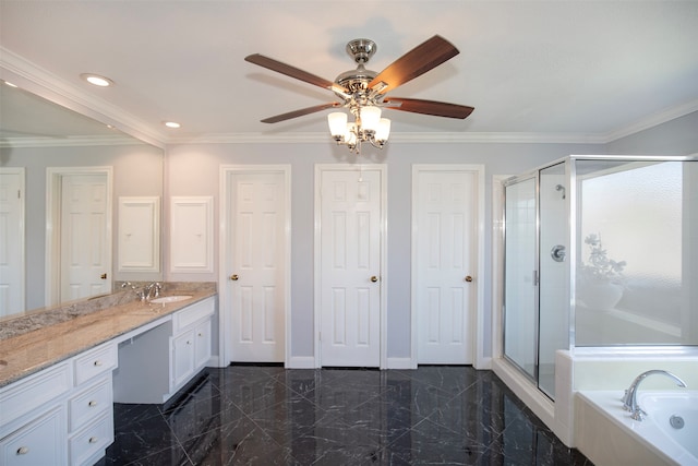 bathroom with independent shower and bath, tile floors, vanity, ornamental molding, and ceiling fan