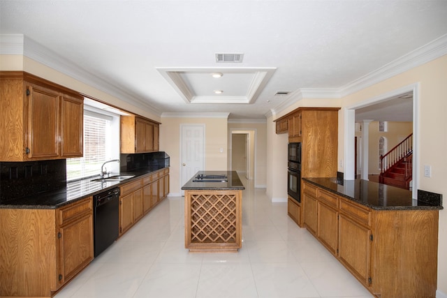 kitchen featuring light tile floors, sink, dark stone counters, crown molding, and black appliances