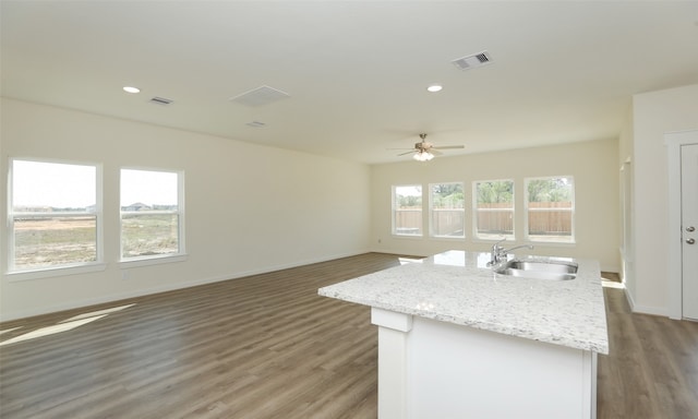 kitchen with an island with sink, ceiling fan, dark wood-type flooring, and sink