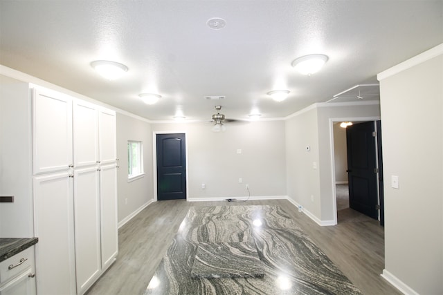 interior space with crown molding, a textured ceiling, and light wood-type flooring