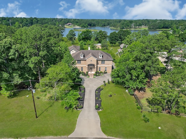 aerial view featuring a water view