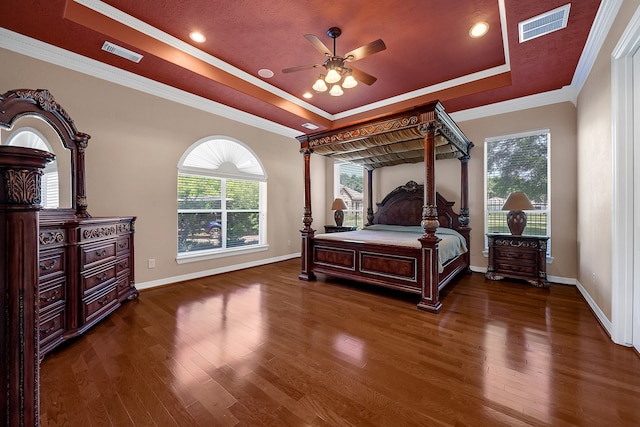 bedroom with dark wood-type flooring, a raised ceiling, and multiple windows