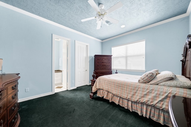 carpeted bedroom with ornamental molding, ceiling fan, ensuite bath, and a textured ceiling