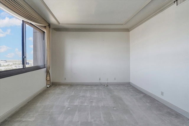 empty room featuring light carpet and crown molding