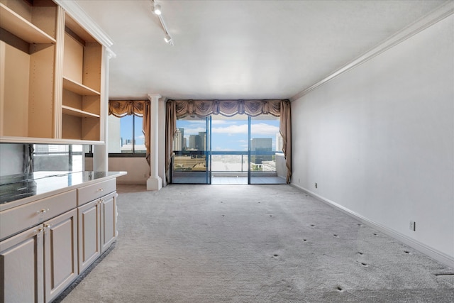 unfurnished living room with light colored carpet, ornamental molding, and track lighting