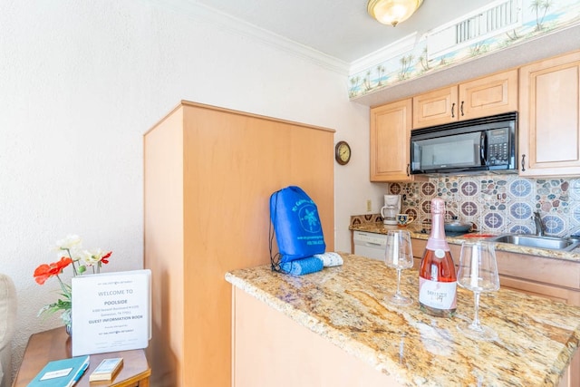 kitchen featuring light brown cabinets, sink, tasteful backsplash, crown molding, and light stone countertops