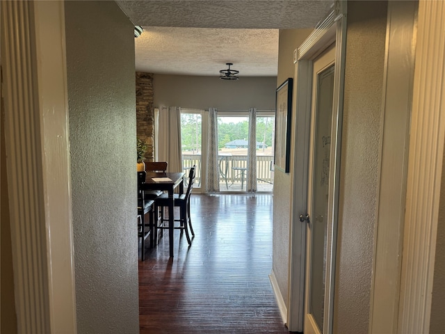 hallway featuring dark hardwood / wood-style flooring and a textured ceiling