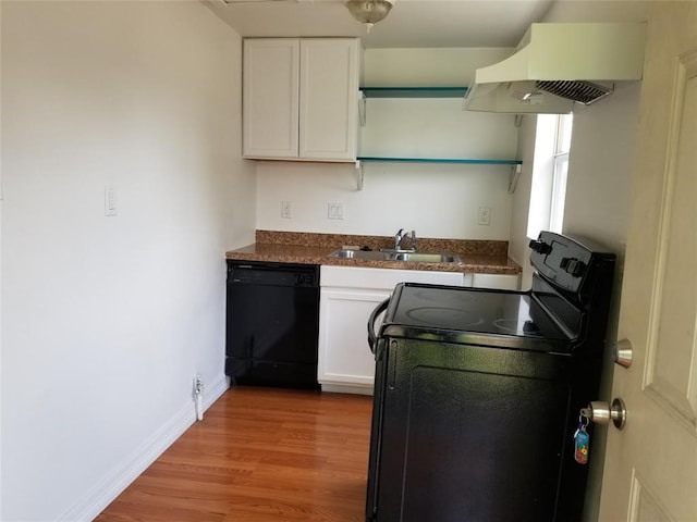 kitchen with white cabinets, light wood-type flooring, sink, range with electric cooktop, and dishwasher