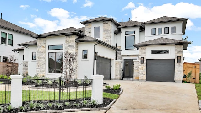 prairie-style home with a front lawn and a garage