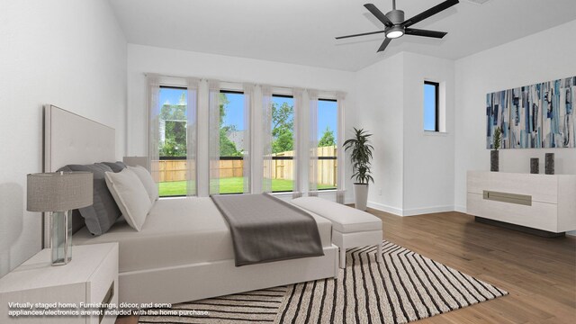 bedroom with wood-type flooring and ceiling fan