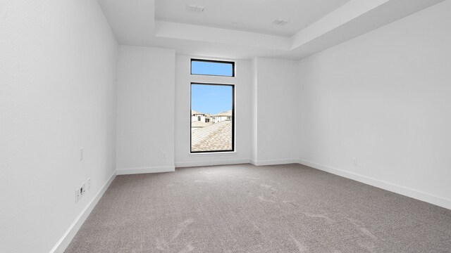 carpeted empty room featuring a raised ceiling