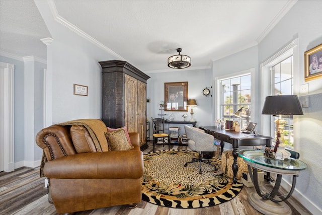 home office featuring dark hardwood / wood-style floors and crown molding