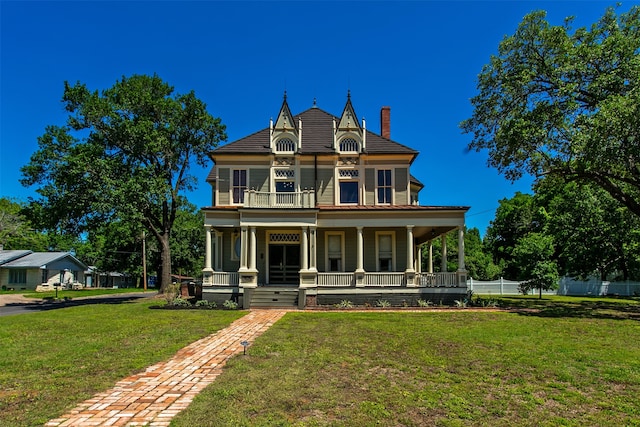 rear view of property with covered porch, a balcony, and a lawn