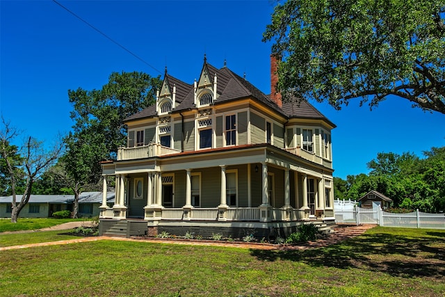 victorian house featuring covered porch, a balcony, and a front lawn