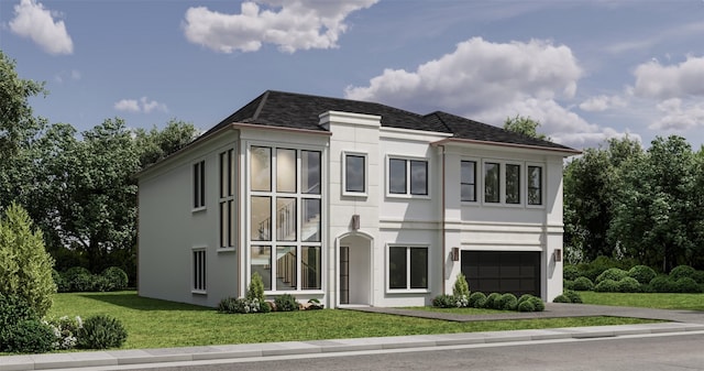 view of front of house with a garage and a front lawn