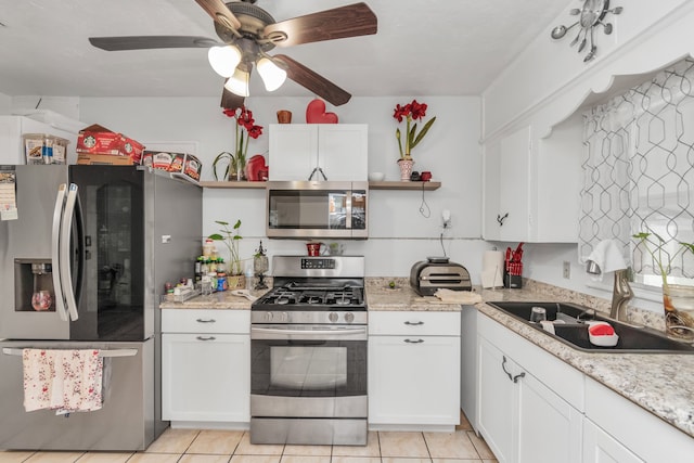 kitchen featuring appliances with stainless steel finishes, ceiling fan, and white cabinetry