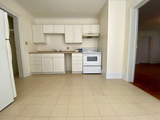 kitchen featuring ornamental molding, white range with electric stovetop, white cabinets, and light hardwood / wood-style flooring