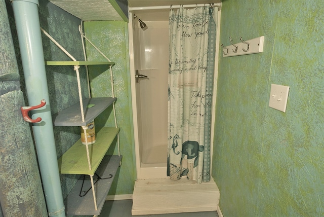 bathroom with a shower with curtain