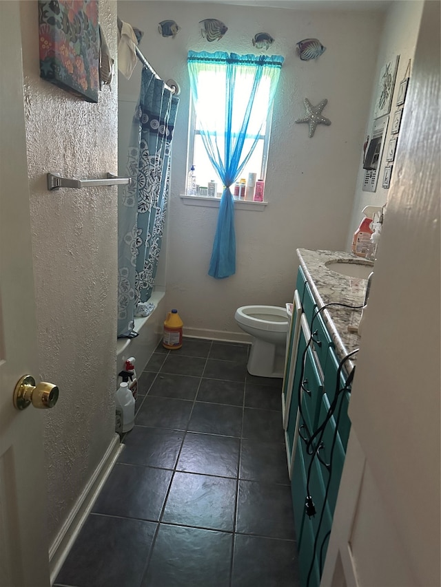 full bathroom featuring shower / bathtub combination with curtain, toilet, tile flooring, and vanity