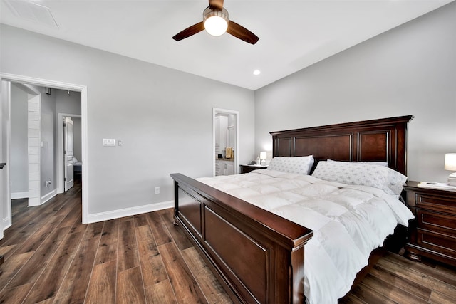 bedroom with ceiling fan and dark hardwood / wood-style floors